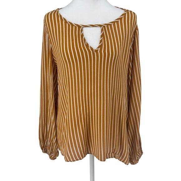 🌟 EVERLY Mustard Yellow & White Striped Long Sleeve Blouse Boho Chic V-Neck Top - Picture 1 of 10